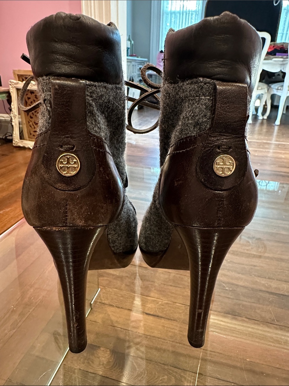 Tory Burch Lawson Dark Brown Leather & Gray Wool Lace-Up Stiletto Ankle Boots